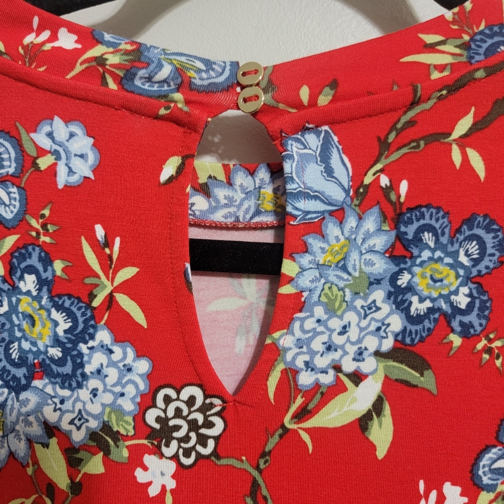 LOFT Vine Neck Mock Swing Dress Red Floral Medium Petite - Picture 7 of 8